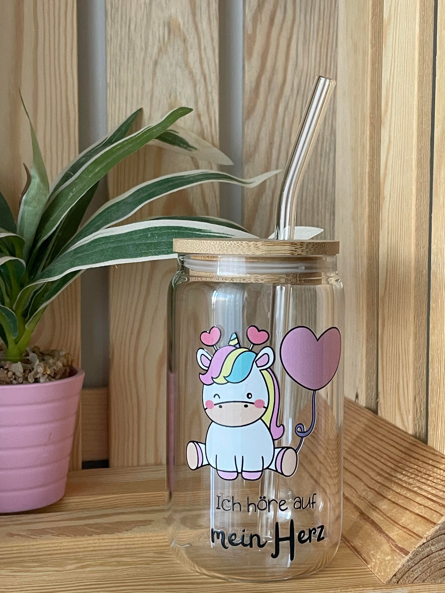 Trinkglas mit Einhorn: Ich höre auf mein Herz