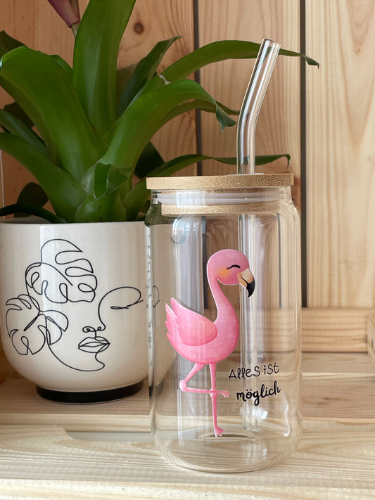 Trinkglas: Flamingo und Affirmationsspruch