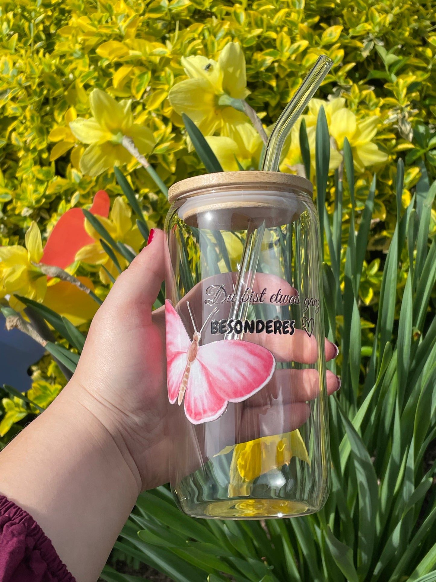 Trinkglas groß: Schmetterling rosa- du bist etwas ganz besonderes