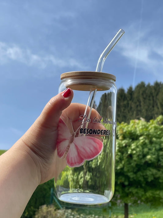 Trinkglas groß: Schmetterling rosa- du bist etwas ganz besonderes